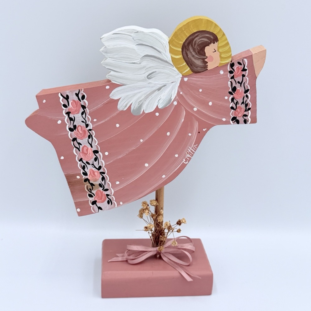VTG Hand Painted Wood Angel Figurine Pink Floral Folk Art Shelf Decor Primitive